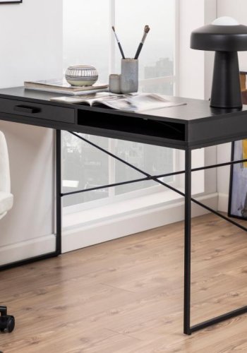 ACT NORDIC Seaford skrivebord, m. 1 hylde og 1 skuffe - sort ask ru melamin og sort stl (110x45)