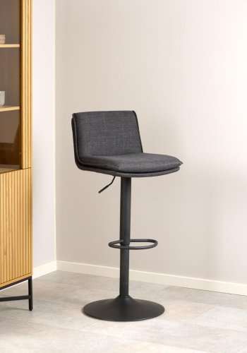 ACT NORDIC Flynn Barhocker, mit Rückenlehne, Drehfunktion, Gasdruckfeder, Fußstütze – dunkelgrauer Stoff, schwarzer Stahl