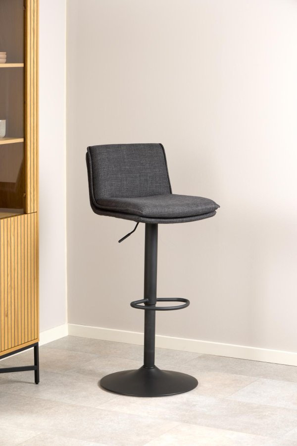 ACT NORDIC Flynn Barhocker, mit Rückenlehne, Drehfunktion, Gasdruckfeder, Fußstütze – dunkelgrauer Stoff, schwarzer Stahl