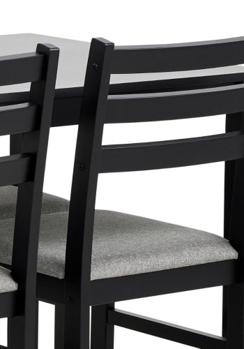 ACT NORDIC Alicante spisebordsett, 1 spisebord, 4 spisestoler - lysegrtt stoff, svart MDF/gummitre