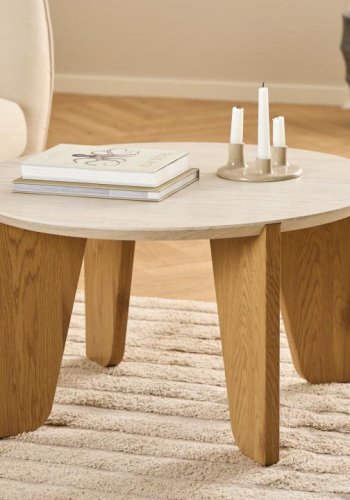 ACT NORDIC Dockland Couchtisch, rund – Travertin-Raupapier und mattes Wildeichen-Raupapier (80)