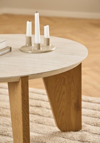 ACT NORDIC Dockland Couchtisch, rund – Travertin-Raupapier und mattes Wildeichen-Raupapier (80)