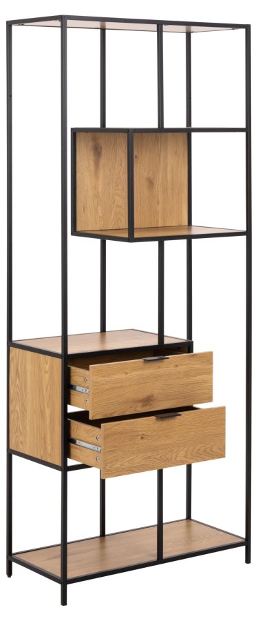 ACT NORDIC Seaford reol, m. 4 hylder og 2 skuffer - mat vild eg ru melam og sort ru stl (77x35x185)