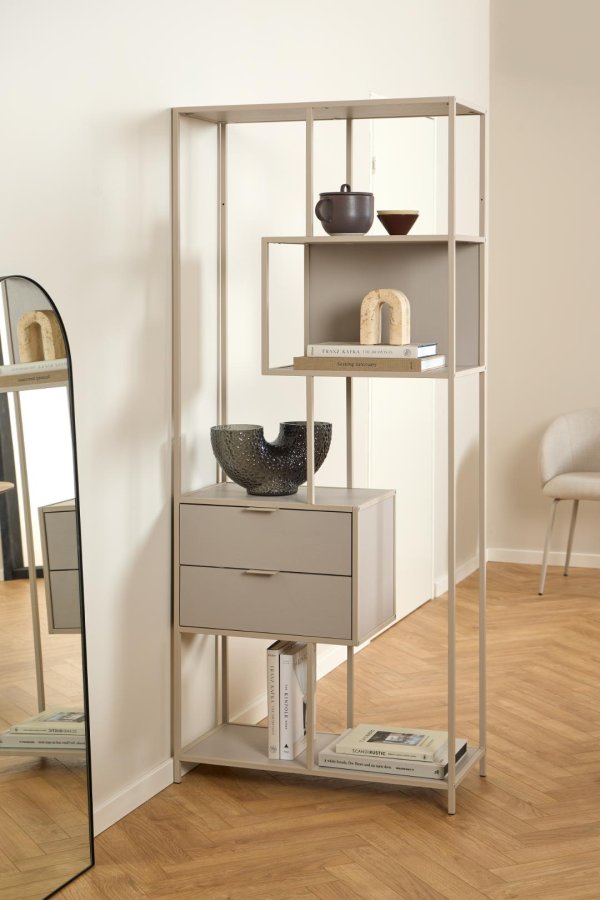 ACT NORDIC Seaford reol, m. 4 hylder og 2 skuffer - gr ru melamin og gr ru stl (77x35x185)