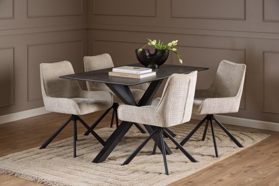 ACT NORDIC Eddie Esszimmerstuhl, mit Drehfunktion – beiger Stoff und schwarzer Stahl