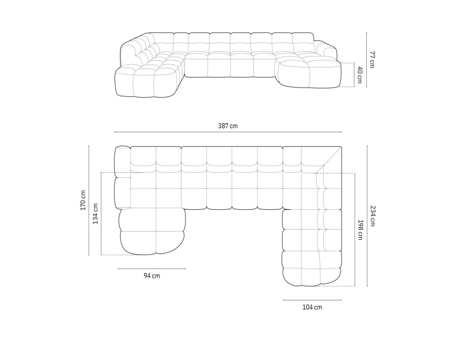 MICADONI  Panoramahjrnesofa til hyre i flyel, Lisa, 7 seter, 387x234x77