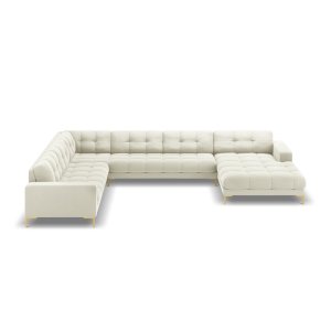 MICADONI Mamaia 7 pers. hjrnesofa, venstre - lys beige fljl stof og guld metal