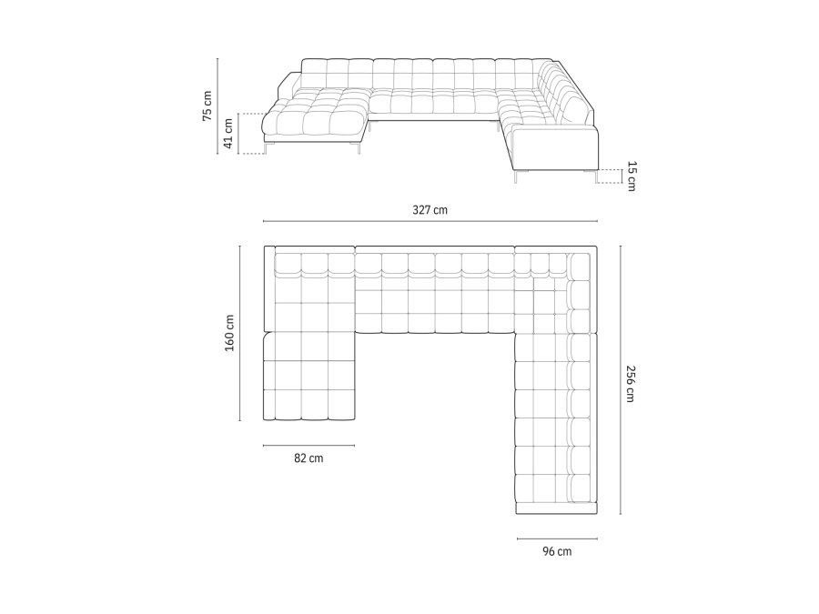 MICADONI  Panoramahjrnesofa til hyre i flyel, Mamaia, 7 seter, 327x256x75