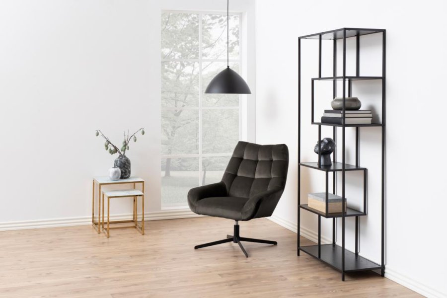 ACT NORDIC Paris lenestol, Vic stoff grbrunt 73AC, 4-stjerners understell mattsvart grovt pulverlakkert stl med svingfunksjon, firkantede smmer og glidels, 73x76x89 cm