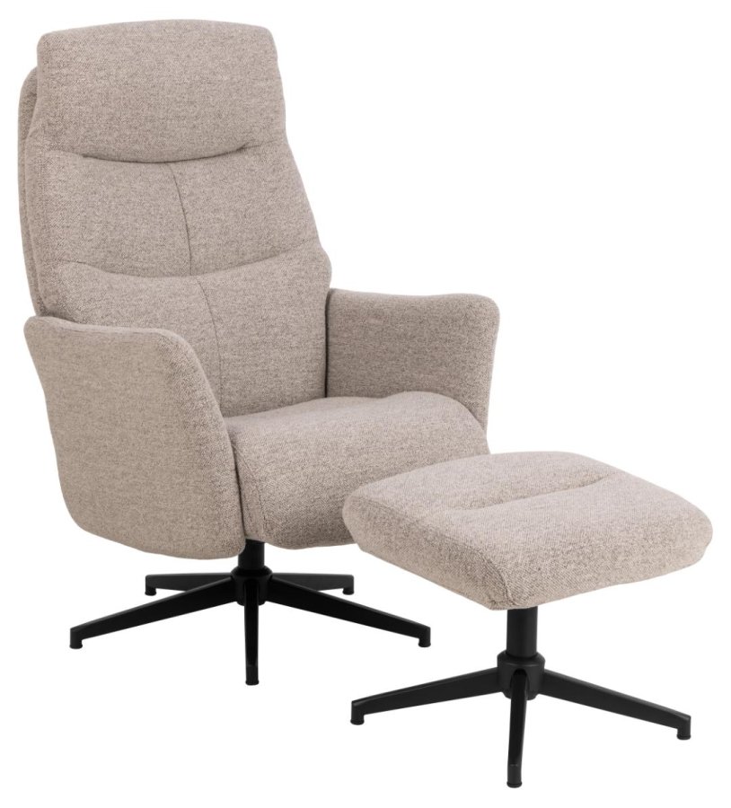 ACT NORDIC London Relaxsessel mit Fuhocker, Stoff Monza beige 60, 5-Stern-Gestell mattschwarz pulverbeschichteter Stahl mit horizontalen Nhten und manueller Auslsung