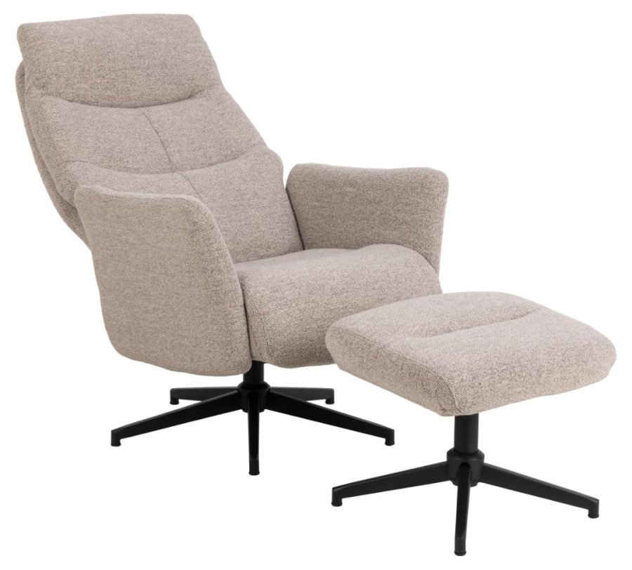 ACT NORDIC London Relaxsessel mit Fuhocker, Stoff Monza beige 60, 5-Stern-Gestell mattschwarz pulverbeschichteter Stahl mit horizontalen Nhten und manueller Auslsung