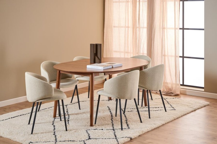 ACT NORDIC Montreux runder Esstisch, Platte matt Walnuss Acryllackfurnier, Gestell Walnuss gebeizt Acryllack Kautschukholz mit Butterfly-Auszug und zustzlicher Ablageplatte, 115/154x75 cm