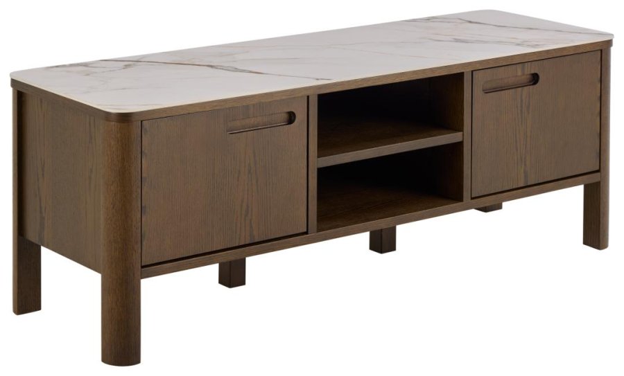 ACT NORDIC Southampton TV-bord, topp krempolert keramikk, ramme, 2 drer, hylle og ramme rykfarget NC-lakkert eikefiner med organisk kant og pen plass, 120x40x45 cm