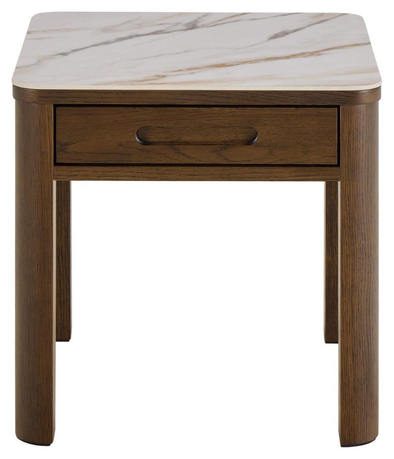 ACT NORDIC Southampton quadratischer Ecktisch, Platte cremefarben polierte Keramik, Schublade und Rahmen aus geruchertem NC-Lack-Eichenfurnier mit organischer Kante und verstecktem Stauraum, 45 x 45 x 45 cm