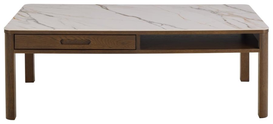 
ACT NORDIC Southampton sofabord - kremfarget keramikk og røykfarget eikefiner, 1 skuff, skjult oppbevaring, rektangulær
