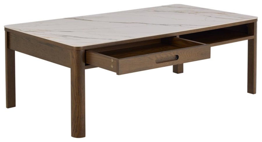 
ACT NORDIC Southampton sofabord - kremfarget keramikk og røykfarget eikefiner, 1 skuff, skjult oppbevaring, rektangulær
