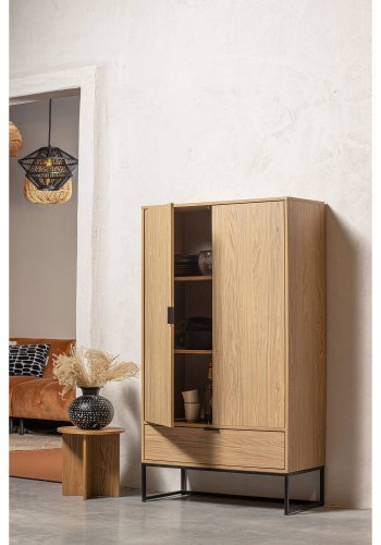 WOOOD Silas skp, med 2 dörrar, 2 hyllor och 1 lda - ekmelamin och svart metall