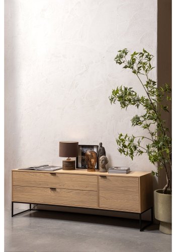 WOOOD Silas TV-bord, m. 2 lger, 1 lge, 1 hylde, 2 skuffer - egetr melamin og sort metal (180x44)