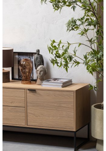 WOOOD Silas TV-bord, m. 2 lger, 1 lge, 1 hylde, 2 skuffer - egetr melamin og sort metal (180x44)