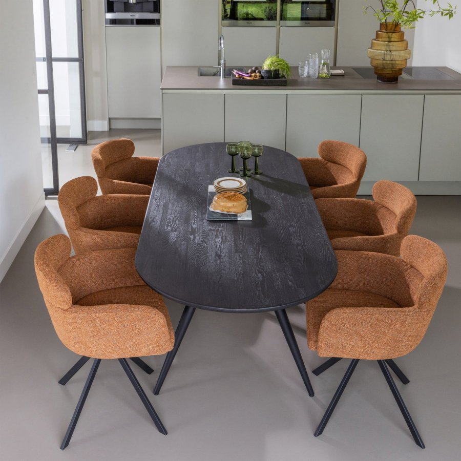 WOOOD Fenne spisebordsstol, m. drejefunktion og armln - ingefr stof og sort metal