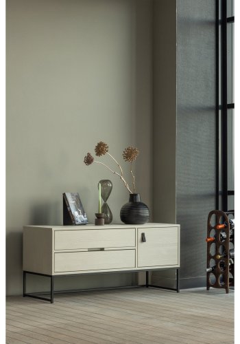 WOOOD Silas TV-bord, m. 1 lge, 1 hylde og 2 skuffer - gr fyrretr og sort metal (120x44)