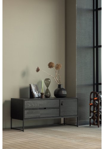 WOOOD Silas TV-bord, m. 1 lge, 1 hylde og 2 skuffer - sort fyrretr og sort metal (120x44)