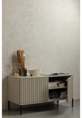 WOOOD New Gravure TV-bord,, m. 2 l�ger og 2 hylder - st�vgr� fyrretr� og sort metal (100x44)