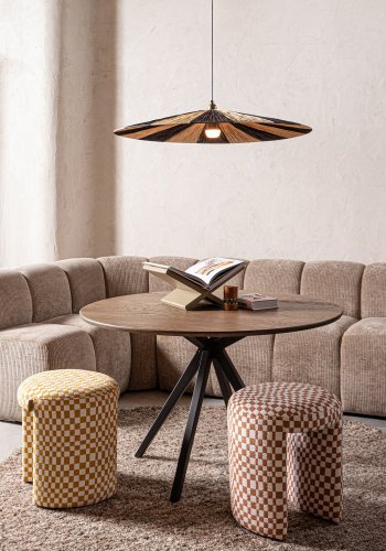 WOOOD Charlie skammel, rund - orange ternet m�nster stof (�45)