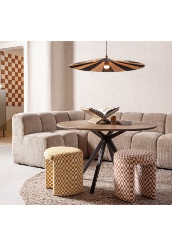 WOOOD Charlie skammel, rund - orange ternet m�nster stof (�45)