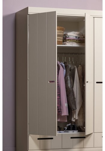 WOOOD Connect garderobeskab, m. 3 l�ger, 4 hylder, 1 b�jlestang og 3 skuffer - st�vgr� fyrretr�