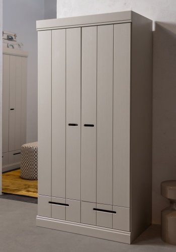 WOOOD Connect garderobeskab, m. 2 l�ger, 1 hylde, 1 b�jlestang og 2 skuffer - st�vgr� fyrretr�