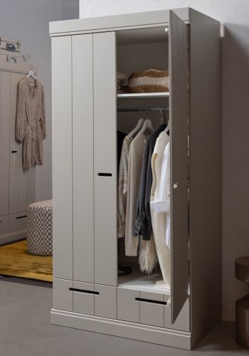 WOOOD Connect garderobeskab, m. 2 l�ger, 1 hylde, 1 b�jlestang og 2 skuffer - st�vgr� fyrretr�