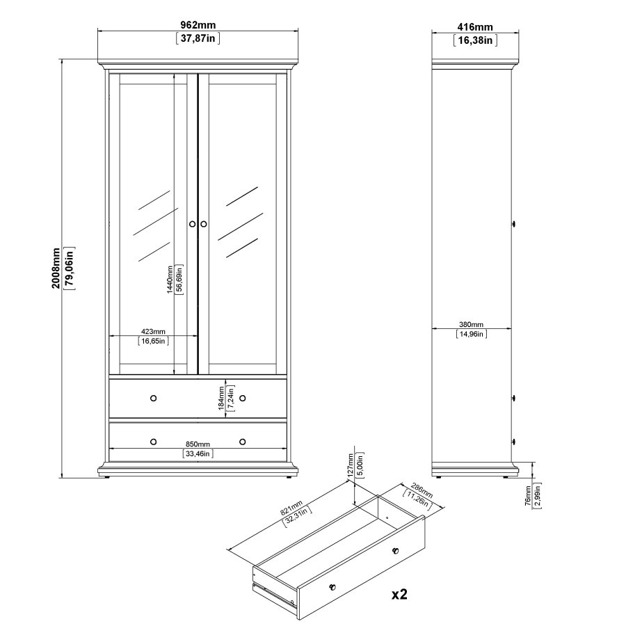 TVILUM paris vitrinenschrank - wei�es holz, 2 t�ren und 2 schubladen
