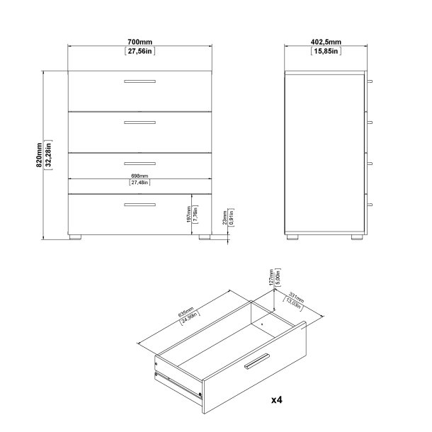 Pepe kommode - hvidt tr�, m. 4 skuffer