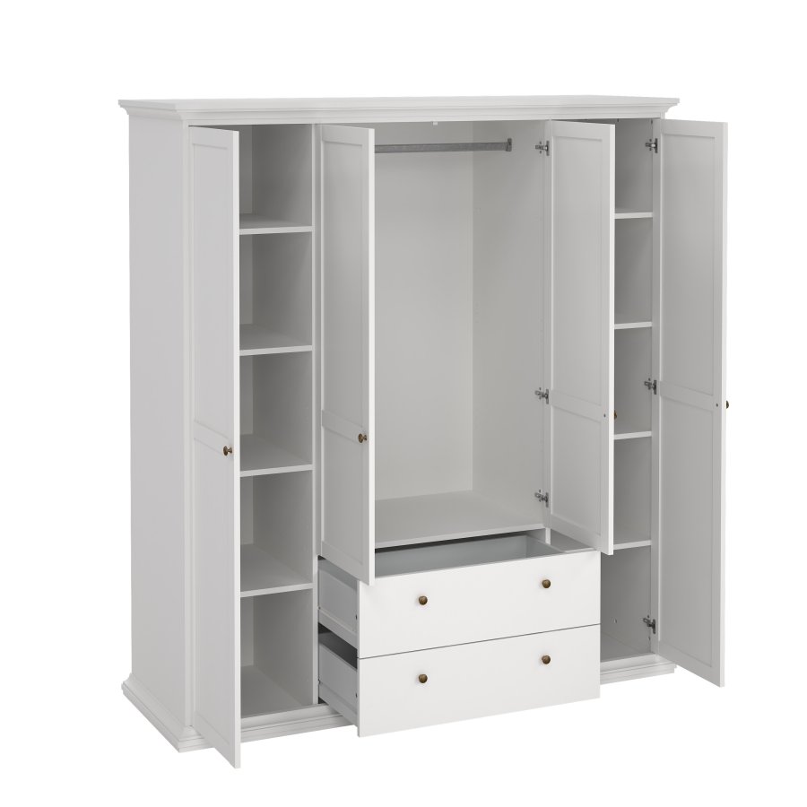 TVILUM Paris garderobeskab - hvidt tr� og laminat, 4 l�ger og 2 skuffer