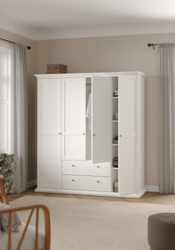 TVILUM Paris garderobeskab - hvidt tr� og laminat, 4 l�ger og 2 skuffer