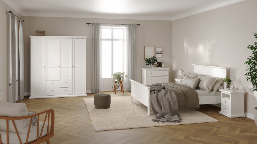 TVILUM Paris garderobeskab - hvidt tr� og laminat, 4 l�ger og 2 skuffer