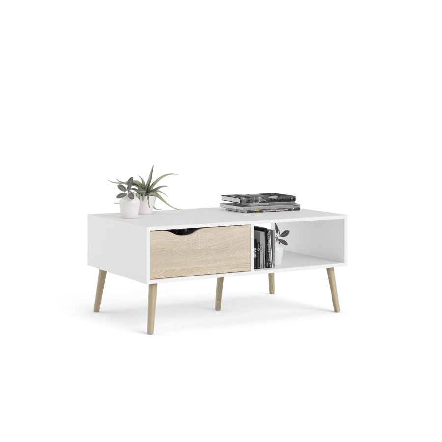 TVILUM Delta couchtisch - rektangul&auml;r, wei&szlig;/eiche laminat, mit 1 schublade