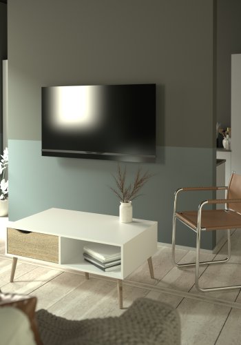 TVILUM Delta couchtisch - rektangul&auml;r, wei&szlig;/eiche laminat, mit 1 schublade