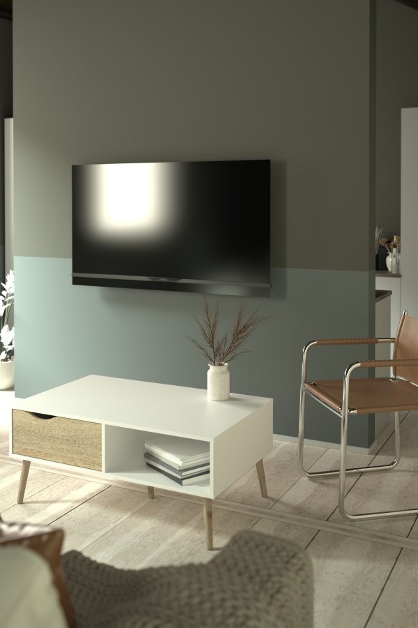 TVILUM Delta couchtisch - rektangul&auml;r, wei&szlig;/eiche laminat, mit 1 schublade