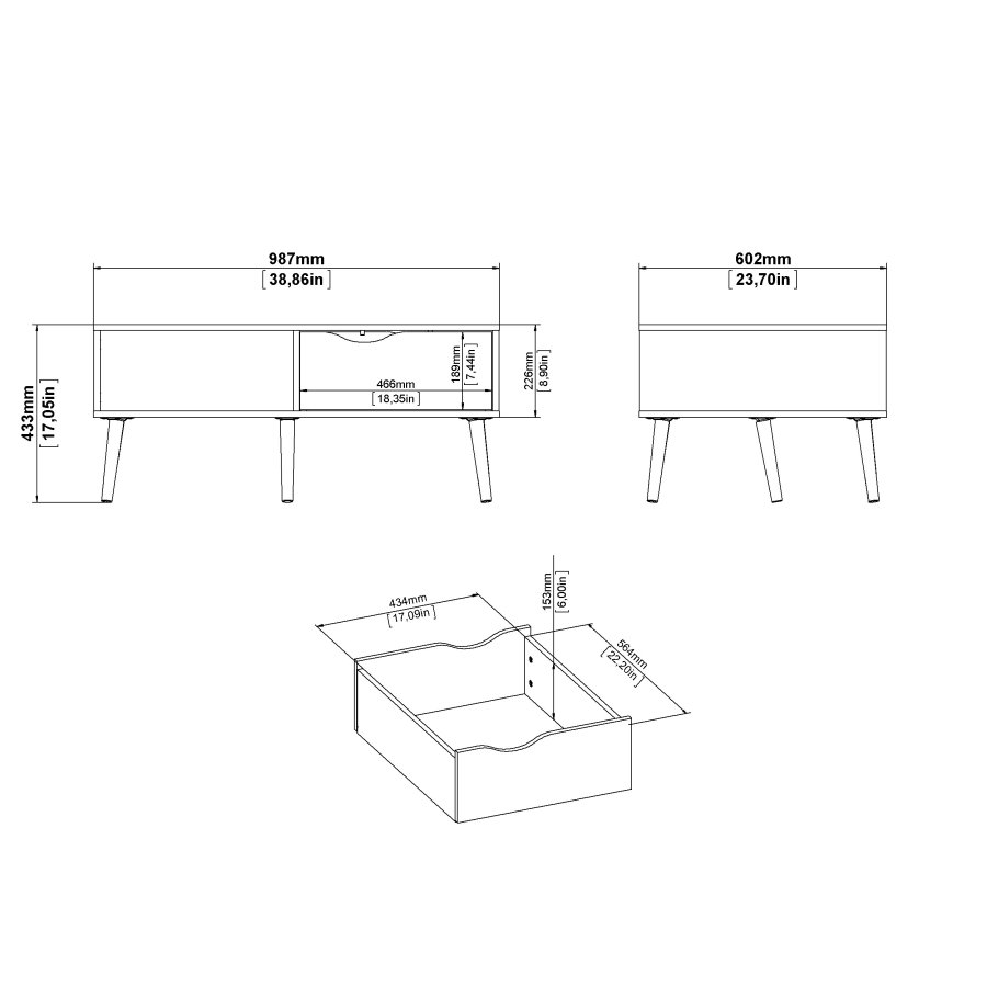 TVILUM Delta couchtisch - rektangul&auml;r, wei&szlig;/eiche laminat, mit 1 schublade