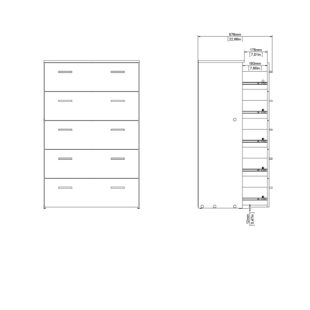 Space kommode - hvidt tr�, m. 5 skuffer 