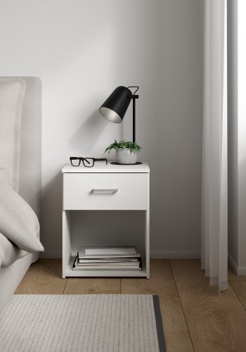 TVILUM Space sengebord - kvadratisk, hvidt komposittr�, laminat, med 1 skuffe og 1 rum