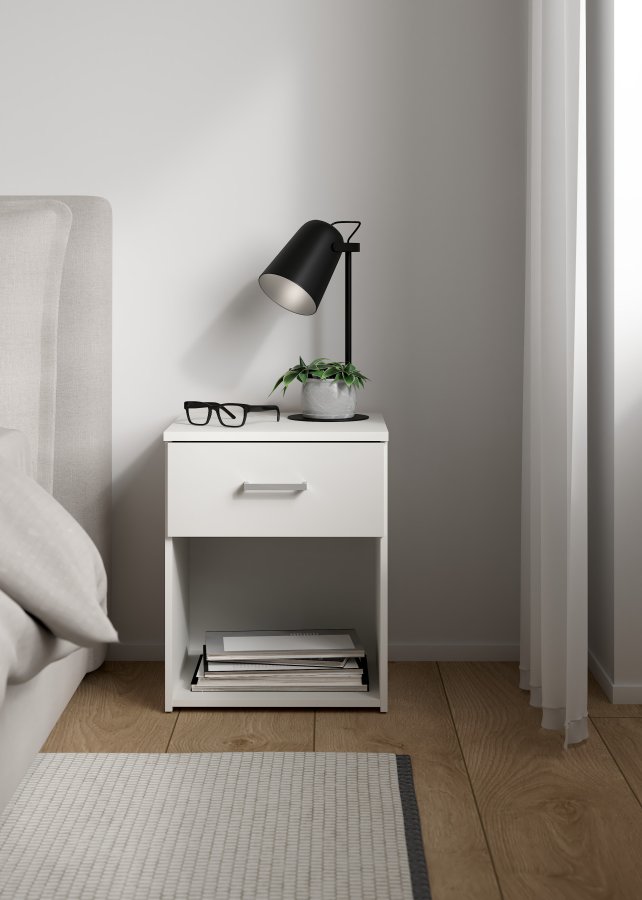 TVILUM Space sengebord - kvadratisk, hvidt komposittr�, laminat, med 1 skuffe og 1 rum