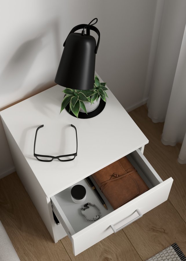 TVILUM Space sengebord - kvadratisk, hvidt komposittr�, laminat, med 1 skuffe og 1 rum