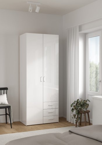 TVILUM space garderobeskab - tr� i hvid laminat, rektangul�rt med 2 l�ger og 3 skuffer