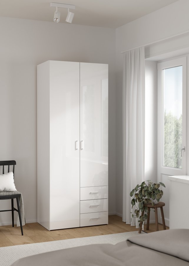 TVILUM space garderobeskab - tr� i hvid laminat, rektangul�rt med 2 l�ger og 3 skuffer