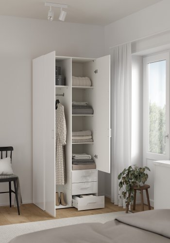 TVILUM space garderobeskab - tr� i hvid laminat, rektangul�rt med 2 l�ger og 3 skuffer