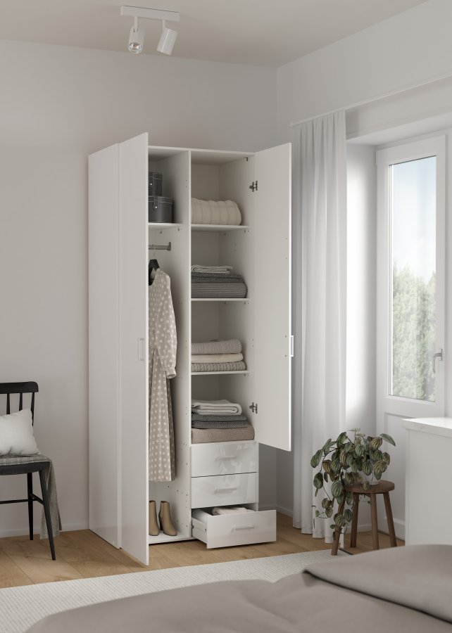 TVILUM space garderobeskab - tr� i hvid laminat, rektangul�rt med 2 l�ger og 3 skuffer