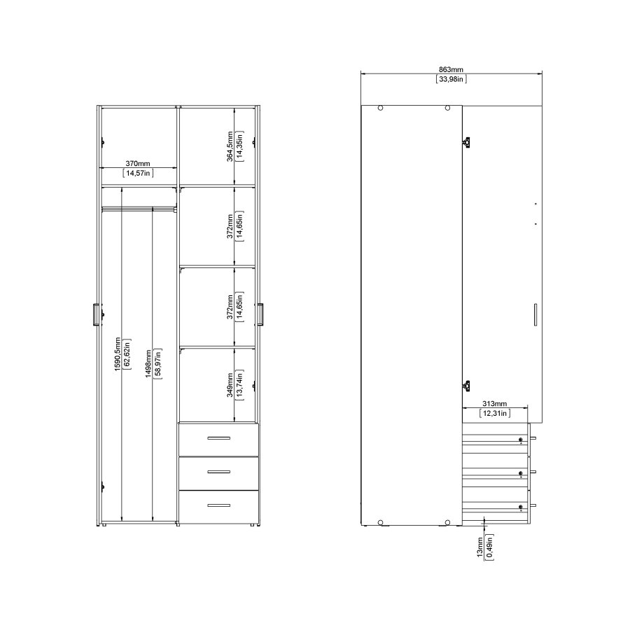 TVILUM space garderobeskab - tr� i hvid laminat, rektangul�rt med 2 l�ger og 3 skuffer
